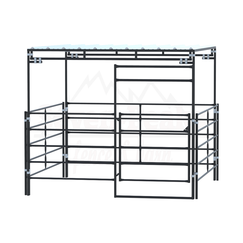 Seven Peaks Fence and Barn metal pen with gate and roof.
