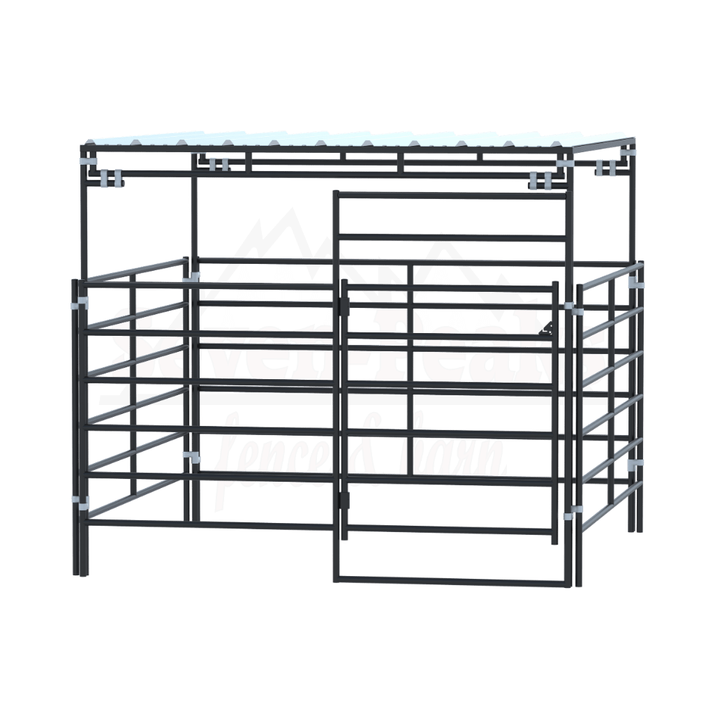 metal livestock corral panels with roof backdrop logo