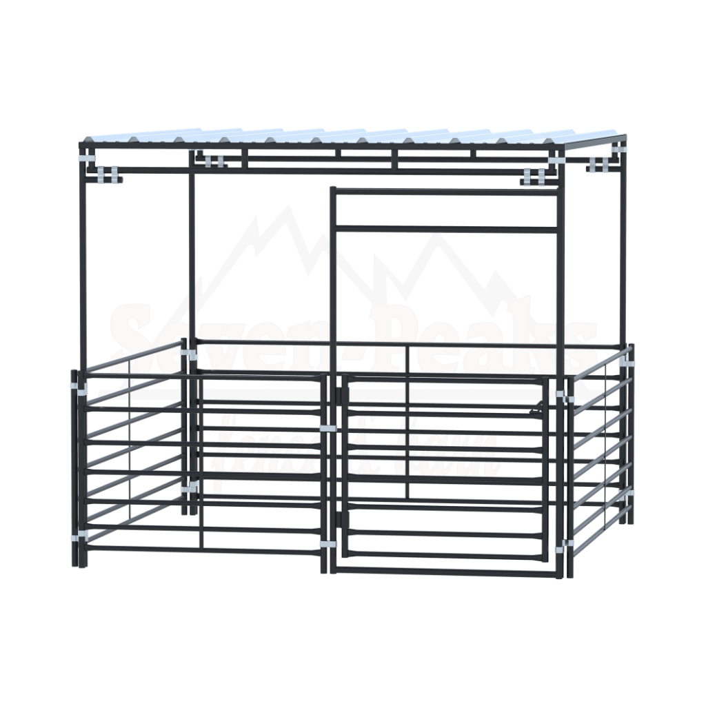 Seven Peaks logo behind metal frame structure.