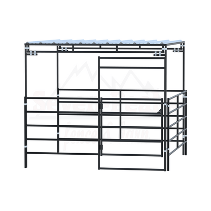 metal livestock shelter with roof and gate