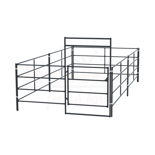 Adjustable metal livestock corral with logo.