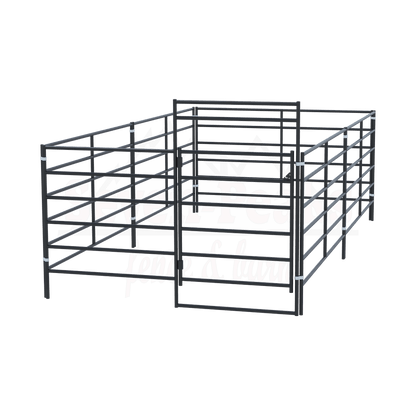 Steel livestock panels seven peaks fence barn logo.
