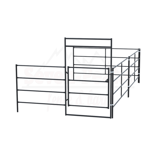 Seven Peaks fence and barn logo with metal fence structure.