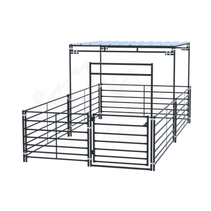 Seven Peaks fence and barn metal corral structure with logo.