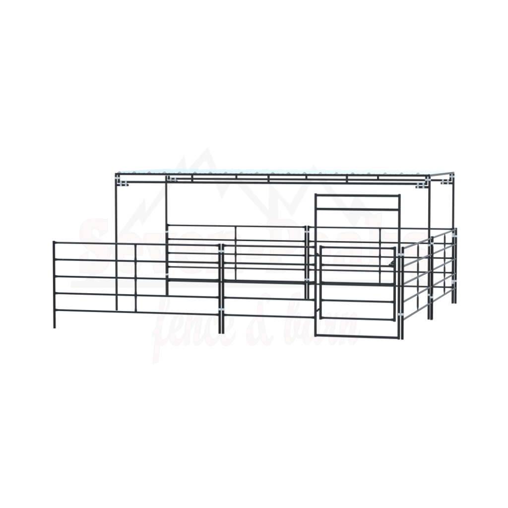 steel livestock corral fencing with gate and roof