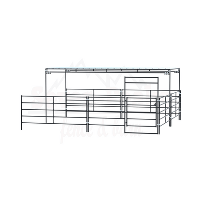 steel livestock corral fencing with gate and roof