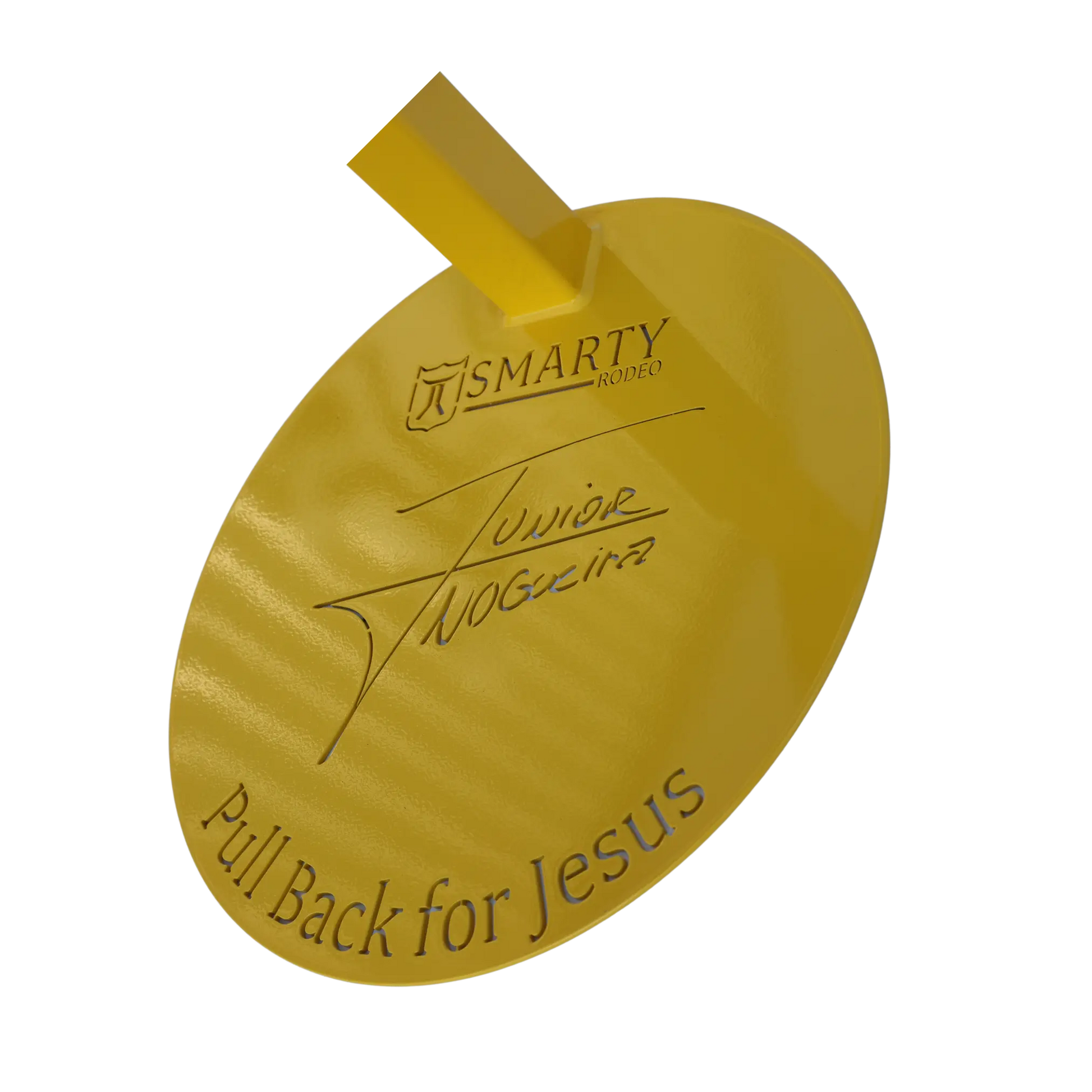Round yellow item with Smarty Rodeo logo and "Pull Back for Jesus" text.