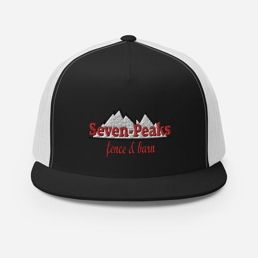 black and white trucker hat with seven peaks fence and barn logo