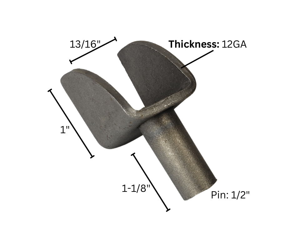 metal bracket dimensions 13/16 inch 1 inch 1-1/8 inch pin 1/2 inch thickness 12GA