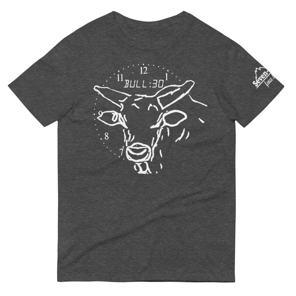 A t shirt with an outline of a bulls face with clock numbers going around his head and text that says BULL:30