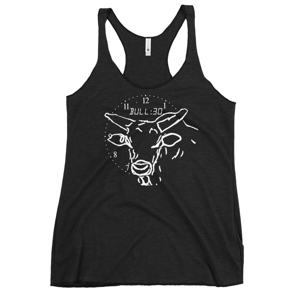 Picture of an outline of a bulls face with large horns and a clock around the bulls head with text that says BULL:30