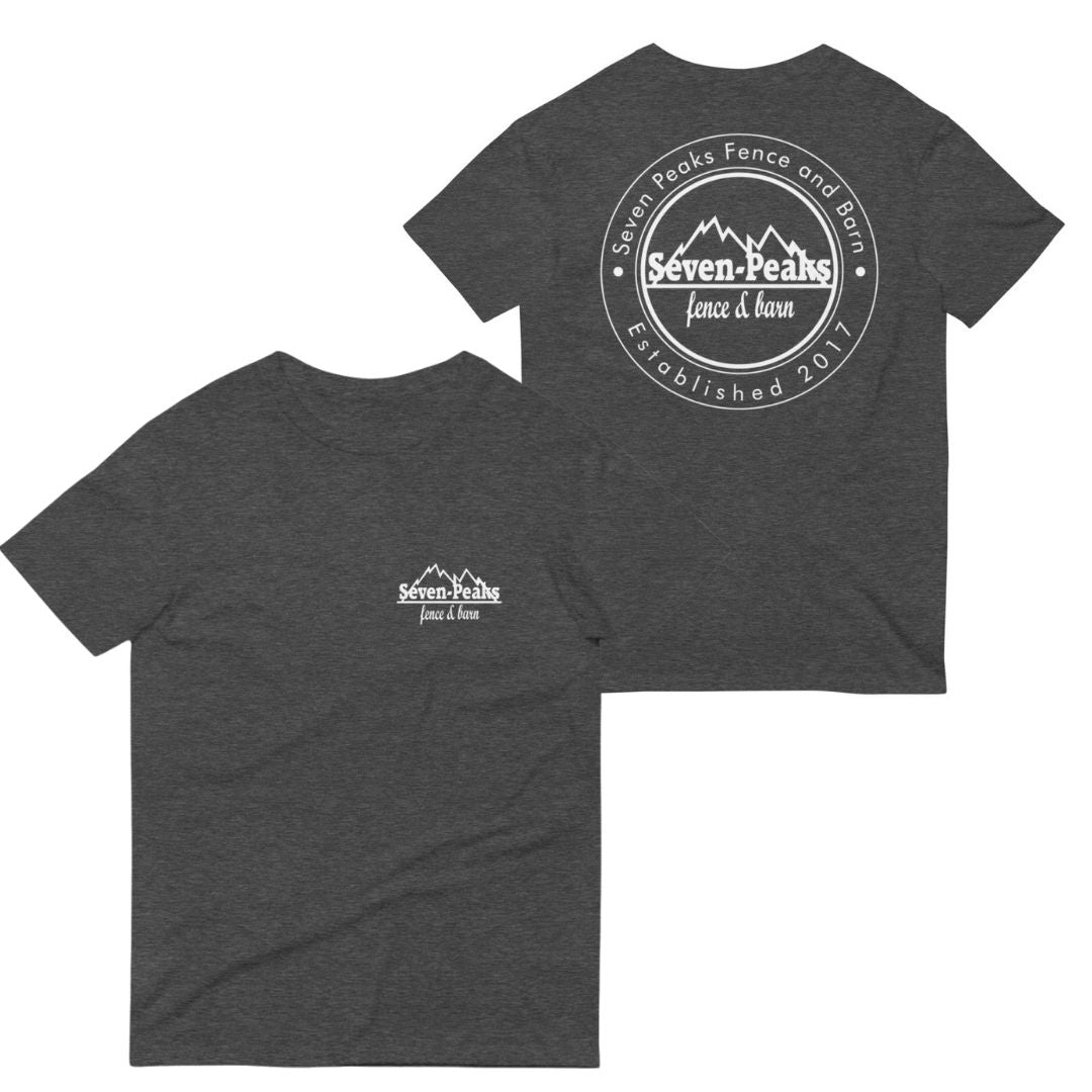 Gray T-shirt with Seven Peaks Fence and Barn logo, established 2017
