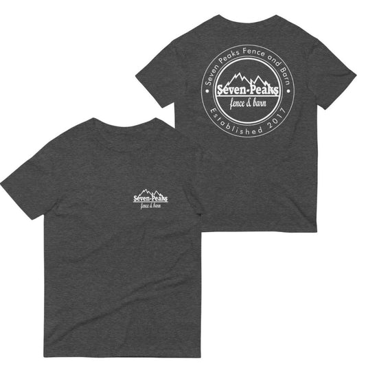 Gray T-shirt with Seven Peaks Fence and Barn logo, established 2017