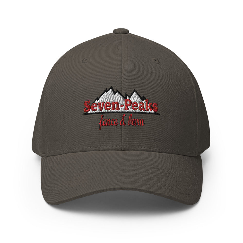 "Seven Peaks fence and lawn embroidered logo on black hat"