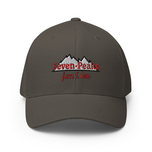 "Seven Peaks fence and lawn embroidered logo on black hat"
