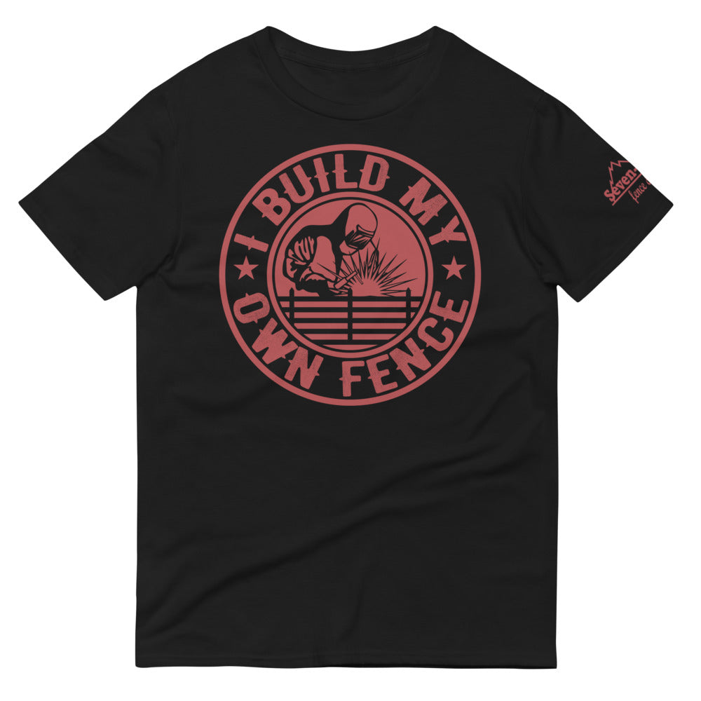 "black t-shirt with I Build My Own Fence design"