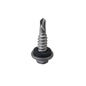 Self-tapping metal screw with washer on white background