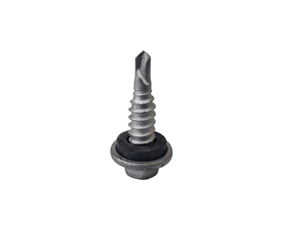 Self-drilling screw with washer isolated on white background.