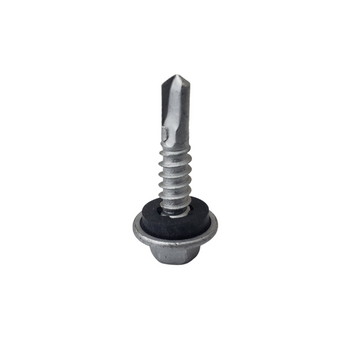 self-drilling metal screw with washer on white background