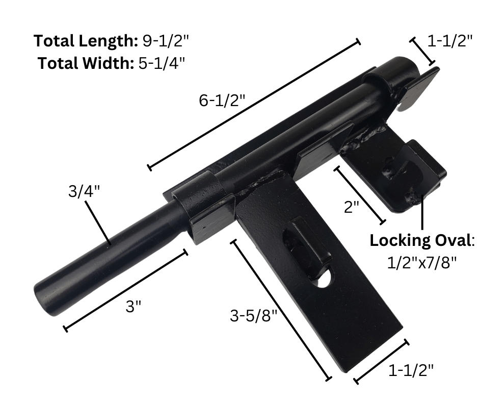 black metal latch with measurements labeled