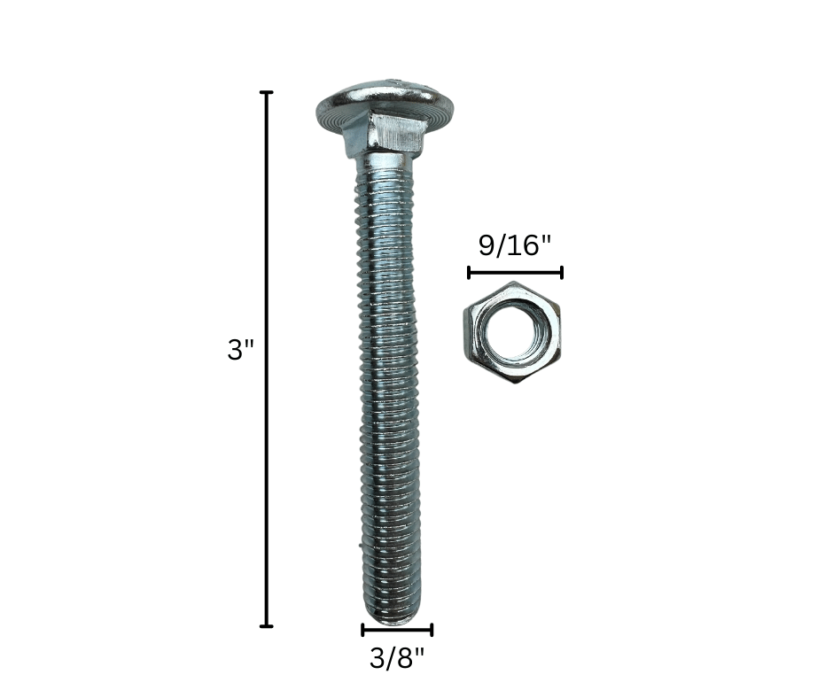 3-inch hex bolt with nut, 3/8-inch diameter bolt, 9/16-inch nut diameter