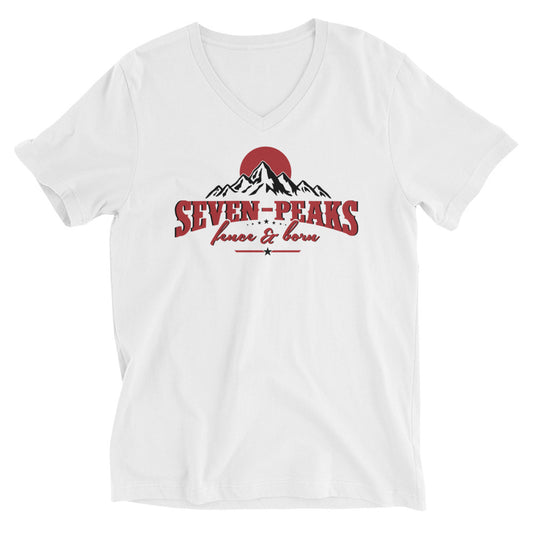 white t-shirt with seven-peaks logo and mountain graphic