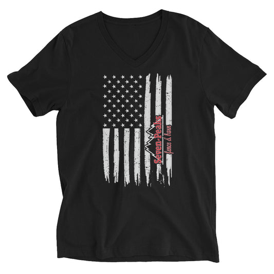 V Neck T Shirt with an American Flag facing downwards and Seven Peaks Fence And Barns logo on it.