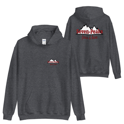 gray hoodie with Seven-Peaks Fence and Barn logo