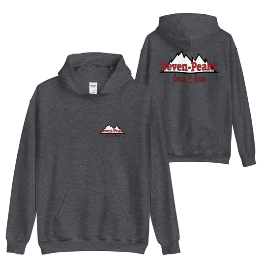gray hoodie with Seven-Peaks Fence and Barn logo