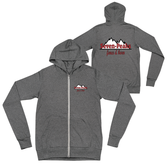 Gray hoodie with Seven Peaks logo front and back.
