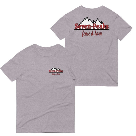 Gray t-shirt with Seven-Peaks fence and barn logo front and back design