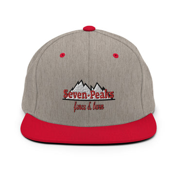 gray and red embroidered snapback hat seven peaks fence and barn logo