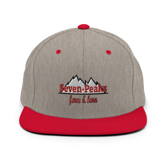 gray and red embroidered snapback hat seven peaks fence and barn logo