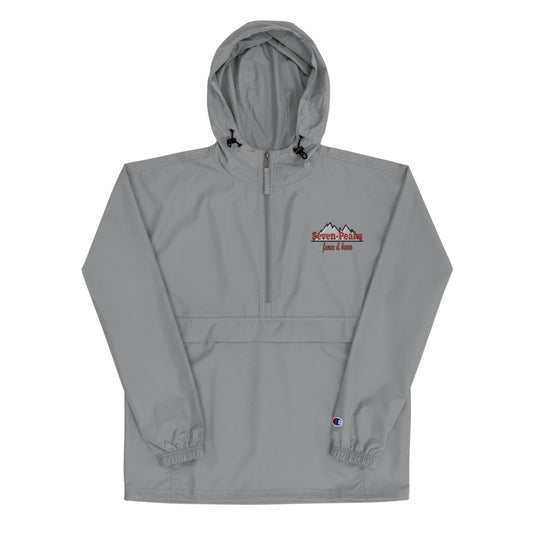 gray hooded jacket with seven peaks logo
