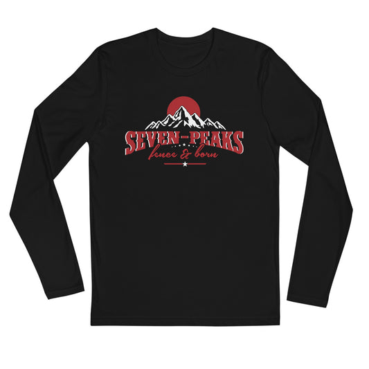 Black long-sleeve shirt with Seven Peaks logo and mountains design