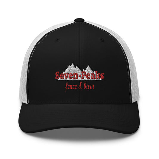 black trucker hat Seven Peaks fence lawn logo