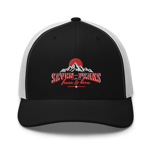 black and white trucker hat with Seven Peaks mountain logo