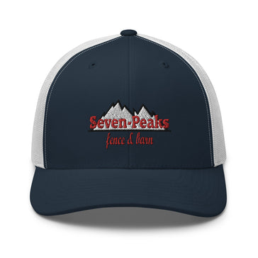 Navy white mesh cap with Seven Peaks fence and lawn logo