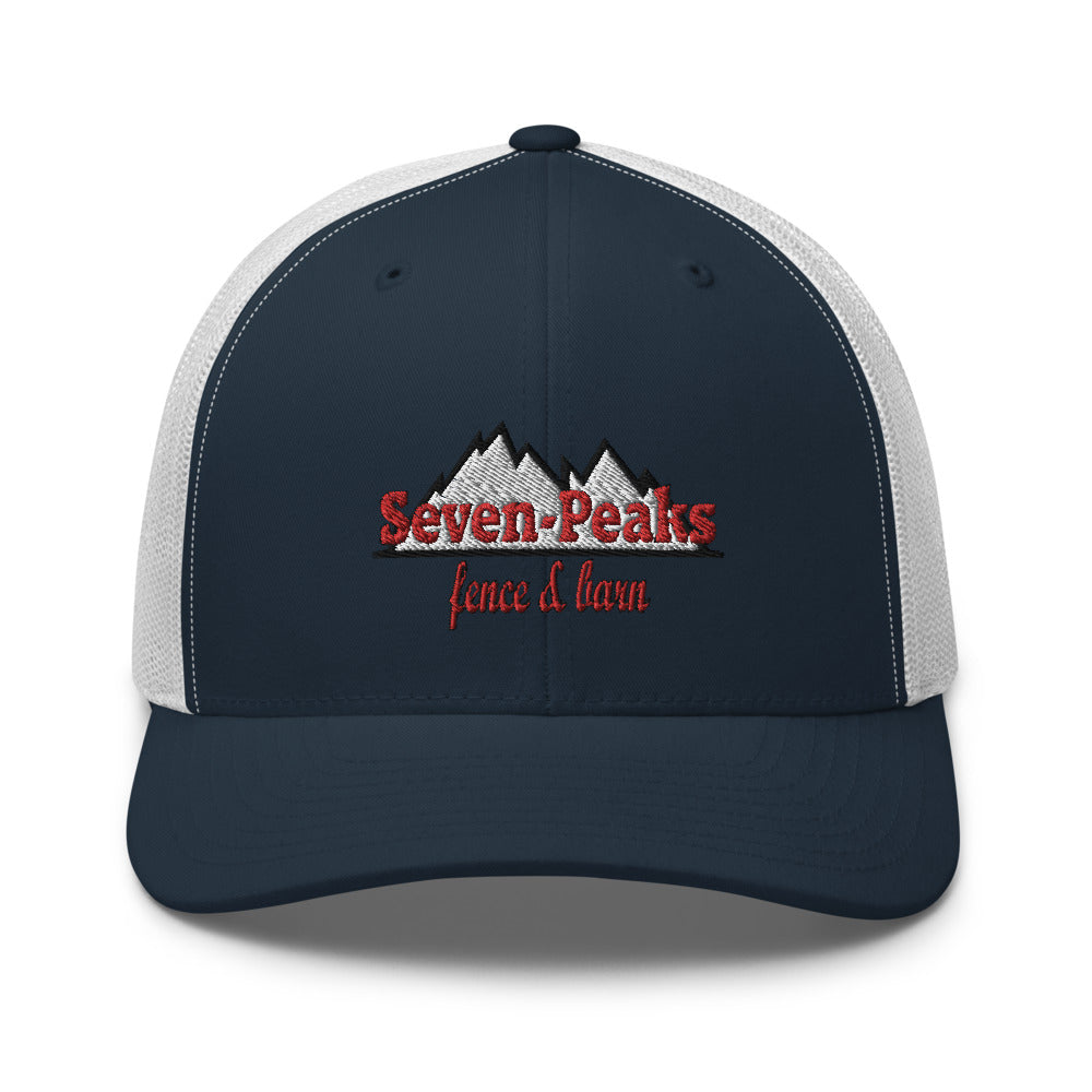 Navy white mesh cap with Seven Peaks fence and lawn logo