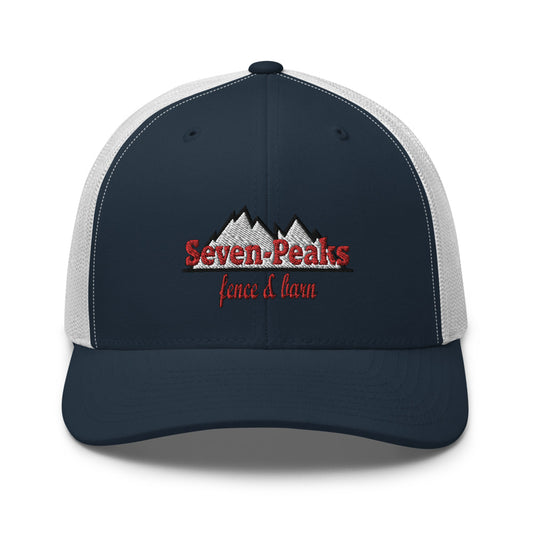 Navy white mesh cap with Seven Peaks fence and lawn logo