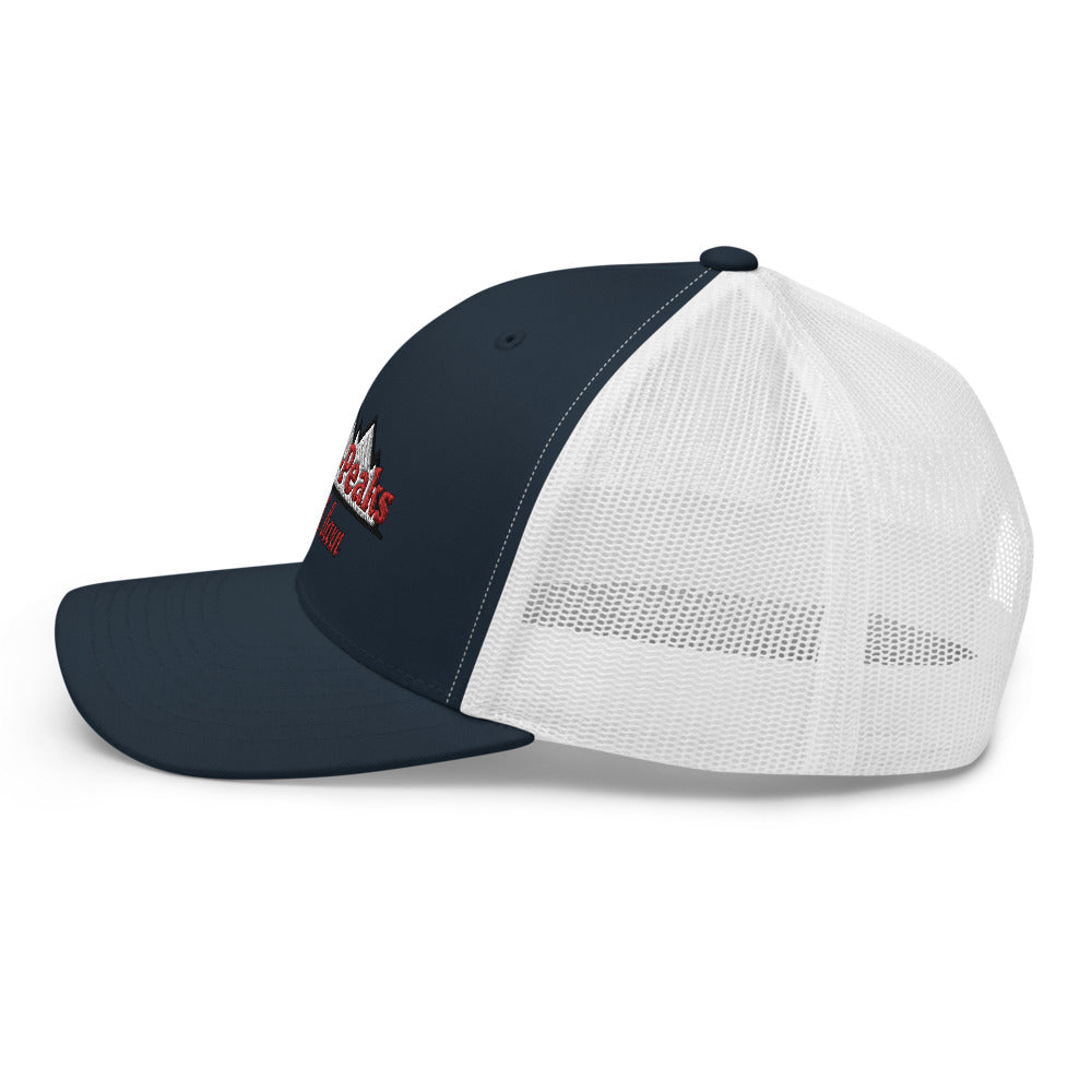 "navy blue trucker hat with white mesh back"