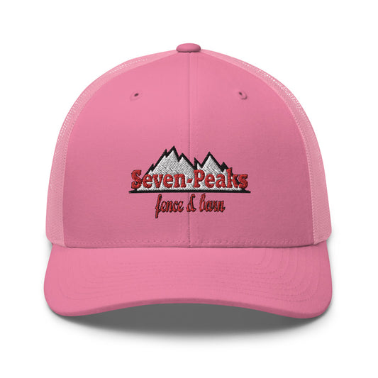 pink trucker cap with seven peaks fence and lawn logo