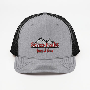 gray trucker hat with seven peaks fence and barn logo