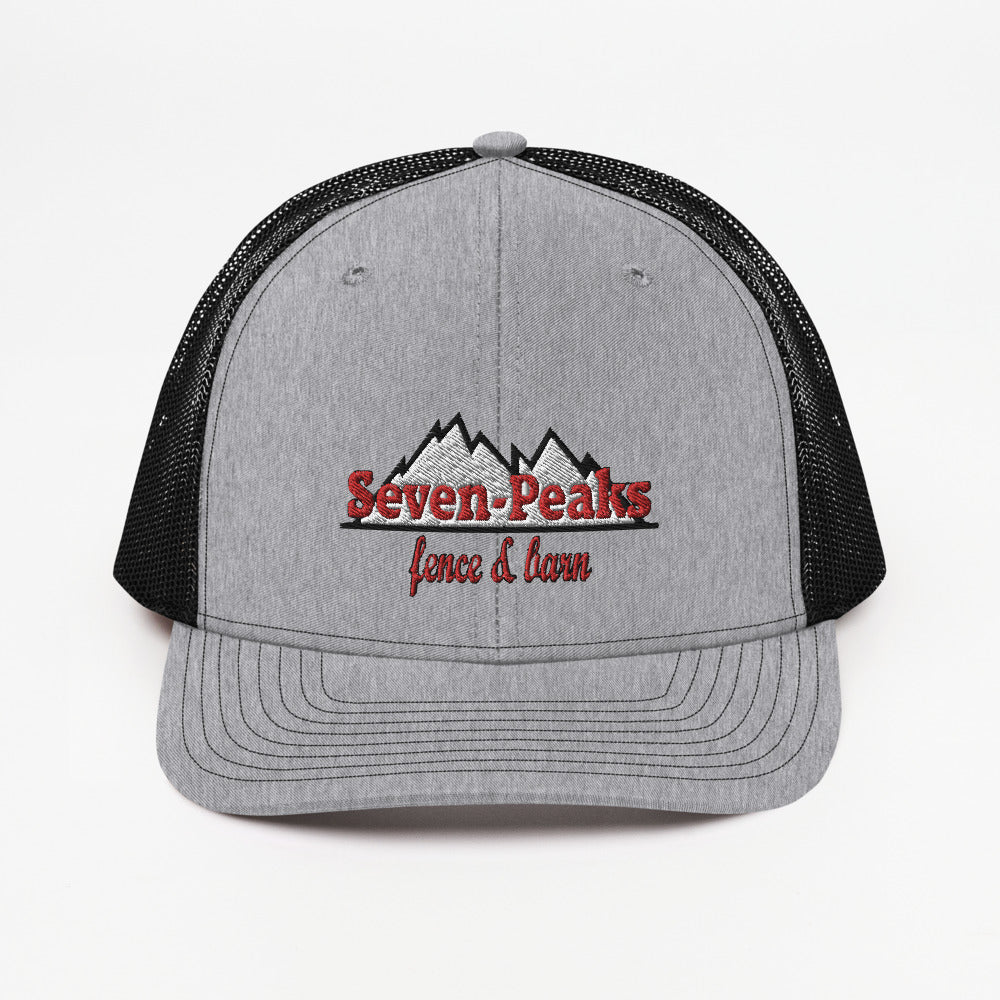 gray trucker hat with seven peaks fence and barn logo