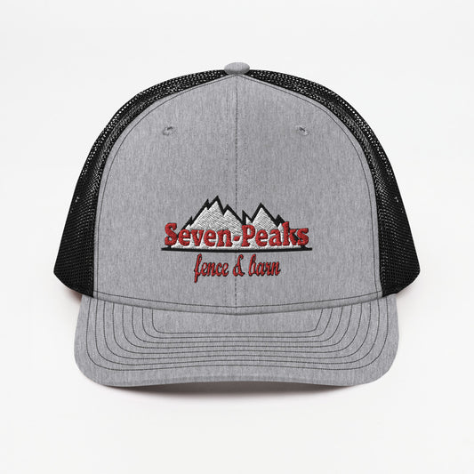 gray trucker hat with seven peaks fence and barn logo