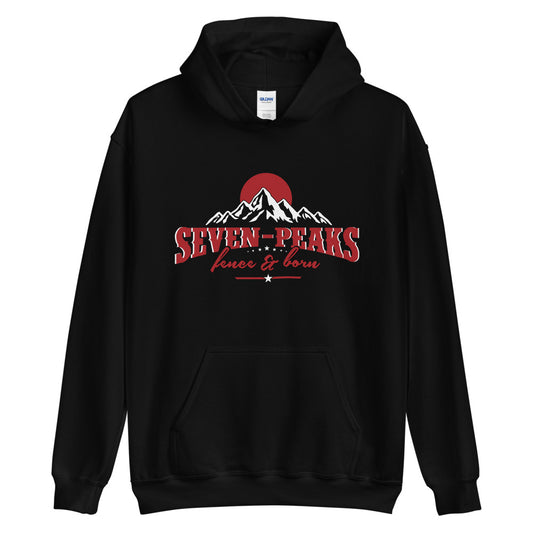 black hoodie with mountain logo seven peaks design