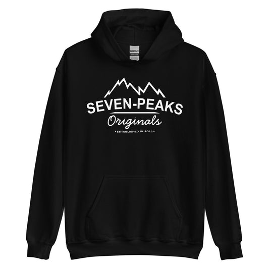 Black hoodie with Seven Peaks Originals logo.