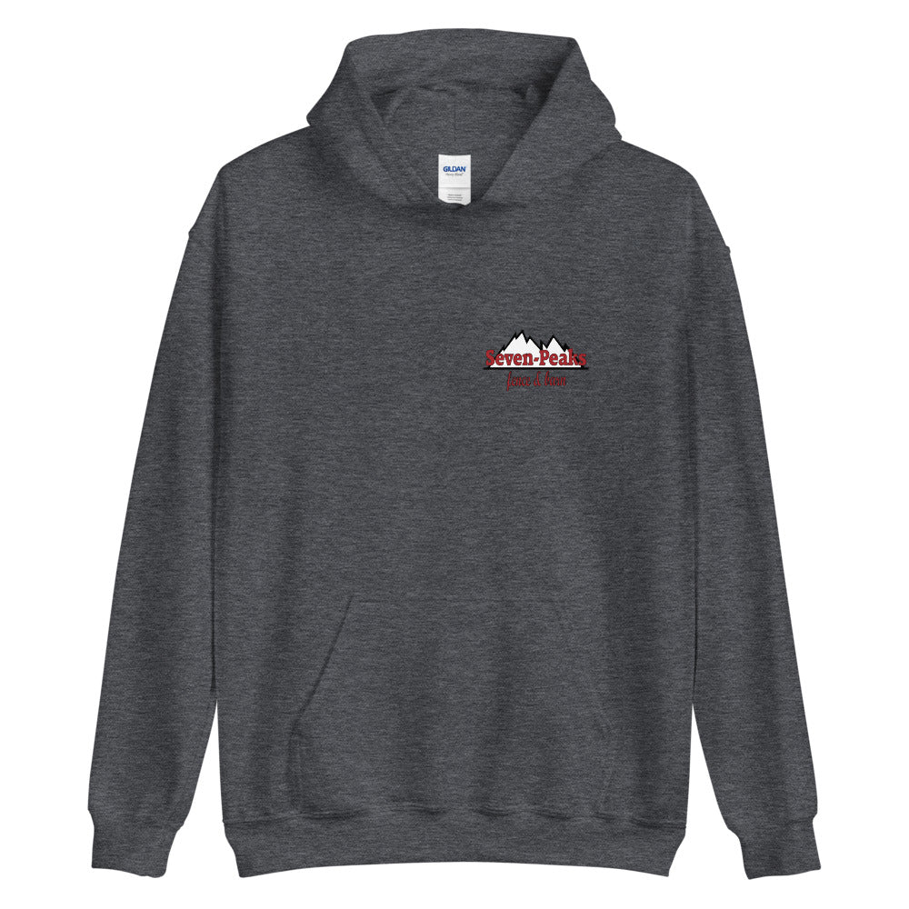 Gray hoodie with Seven Peaks logo.