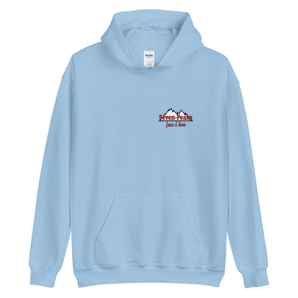 light blue hoodie with logo "Seven Peaks fence & barn"
