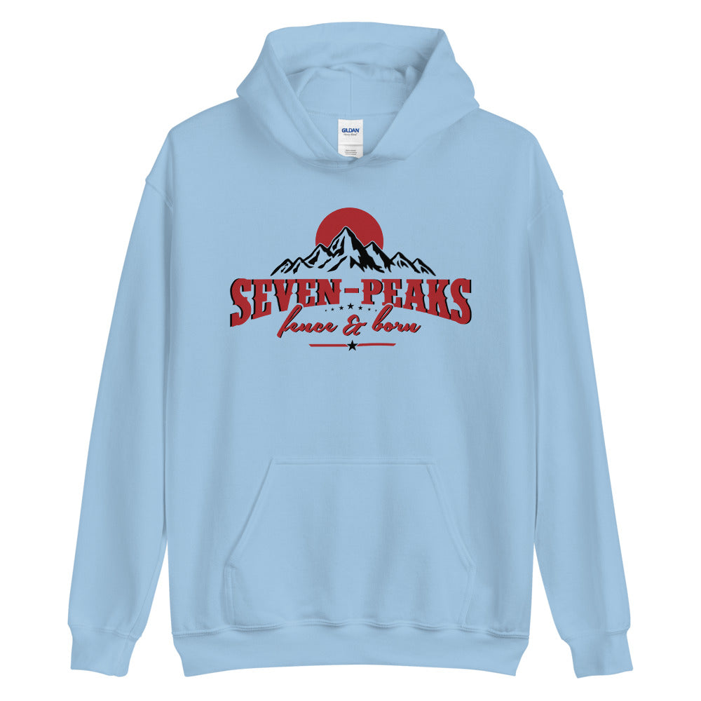 "light blue hoodie seven peaks design"